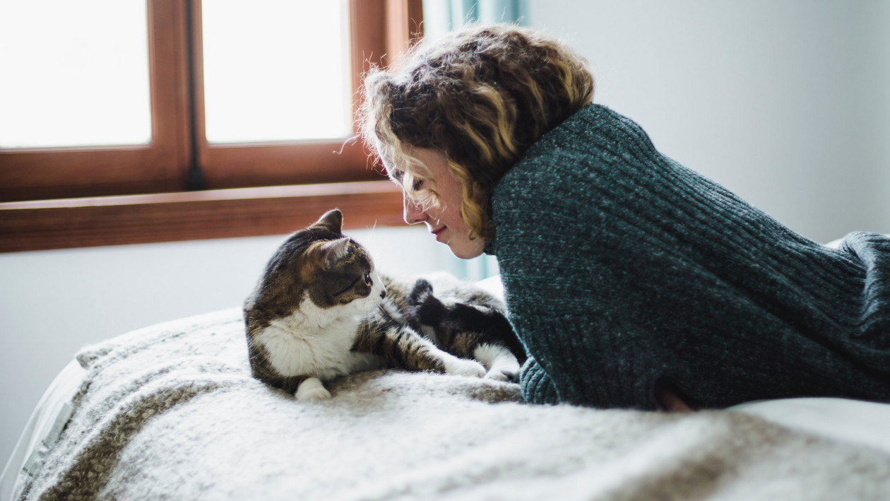 Frau und Katze auf dem Bett