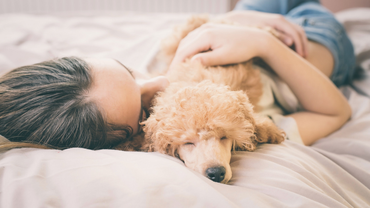 Frau kuschelt mit kleinem Hund